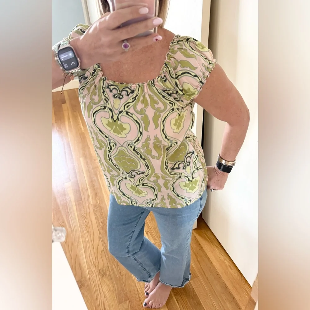 J.Crew Green & Pink Printed Smocked Top – Size S – 100% Cotton